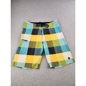 Rusty Board Shorts‎ Mens 34 Large Plaid Surfing Swim Trunks Logo Drawstring